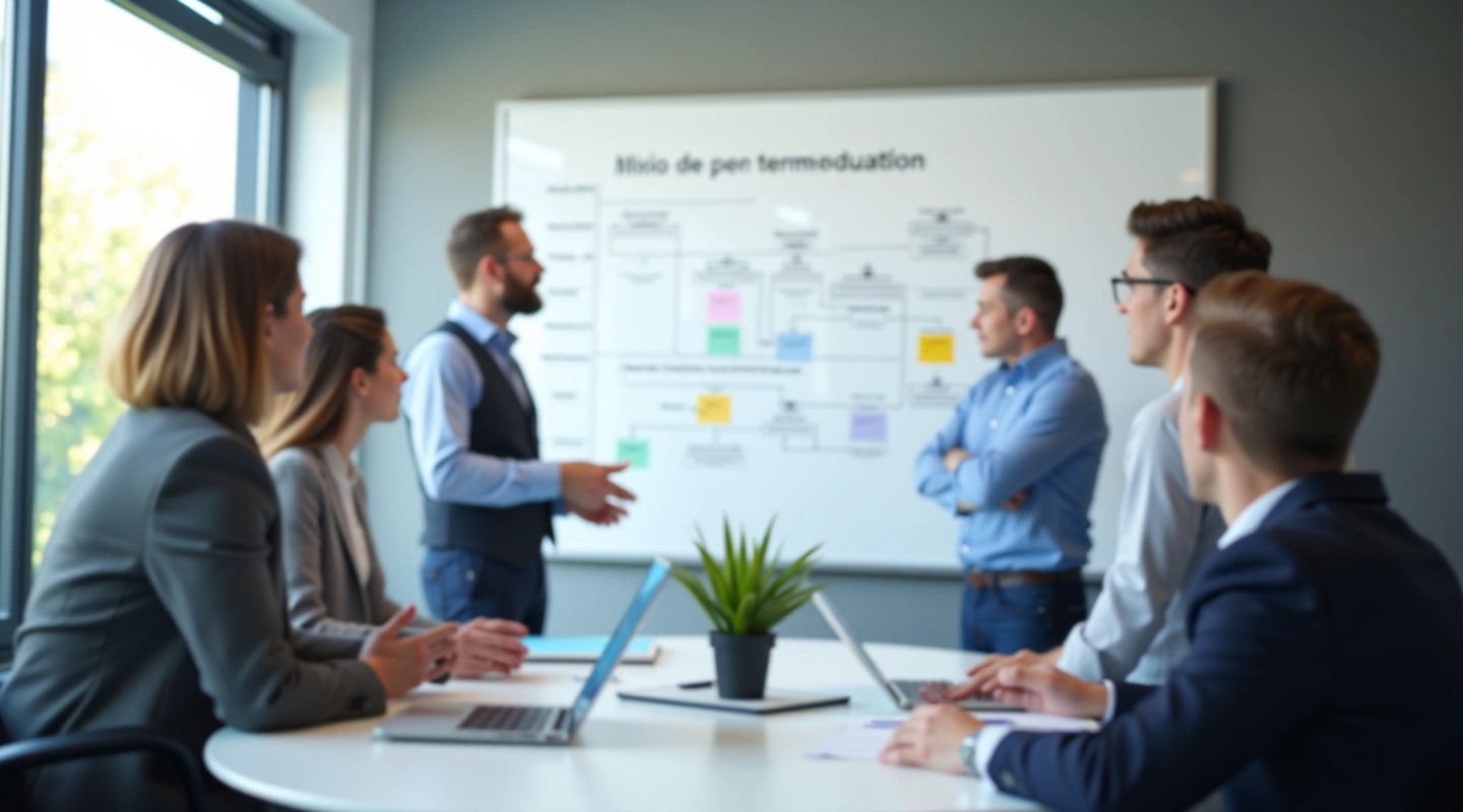 Équipe travaillant sur des plans numériques dans une salle de conférence moderne