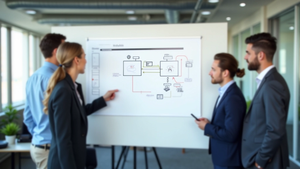 Équipe examinant des processus d'automatisation sur tableau blanc